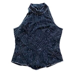 VINTAGE CHADWICKS Halter Womens Sz Large Black Beaded Cocktail Glam
